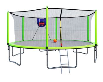 15FT Trampoline with Basketball Hoop Inflator and Ladder, 6pcs safety new pole Sleeves- Green